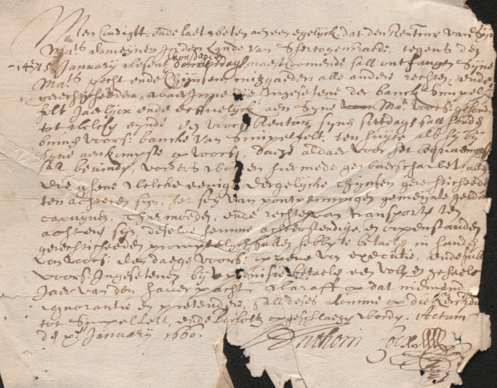 1660: Aankondiging van de komst van de rentmeester naar de bank Simpelveld op 14 en 15 januari 1660